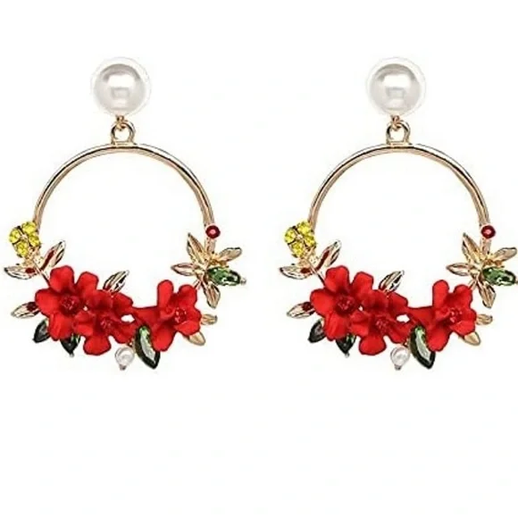Red floral flower bouquet textured gold hoop pearl statement earrings - Picture 2 of 10